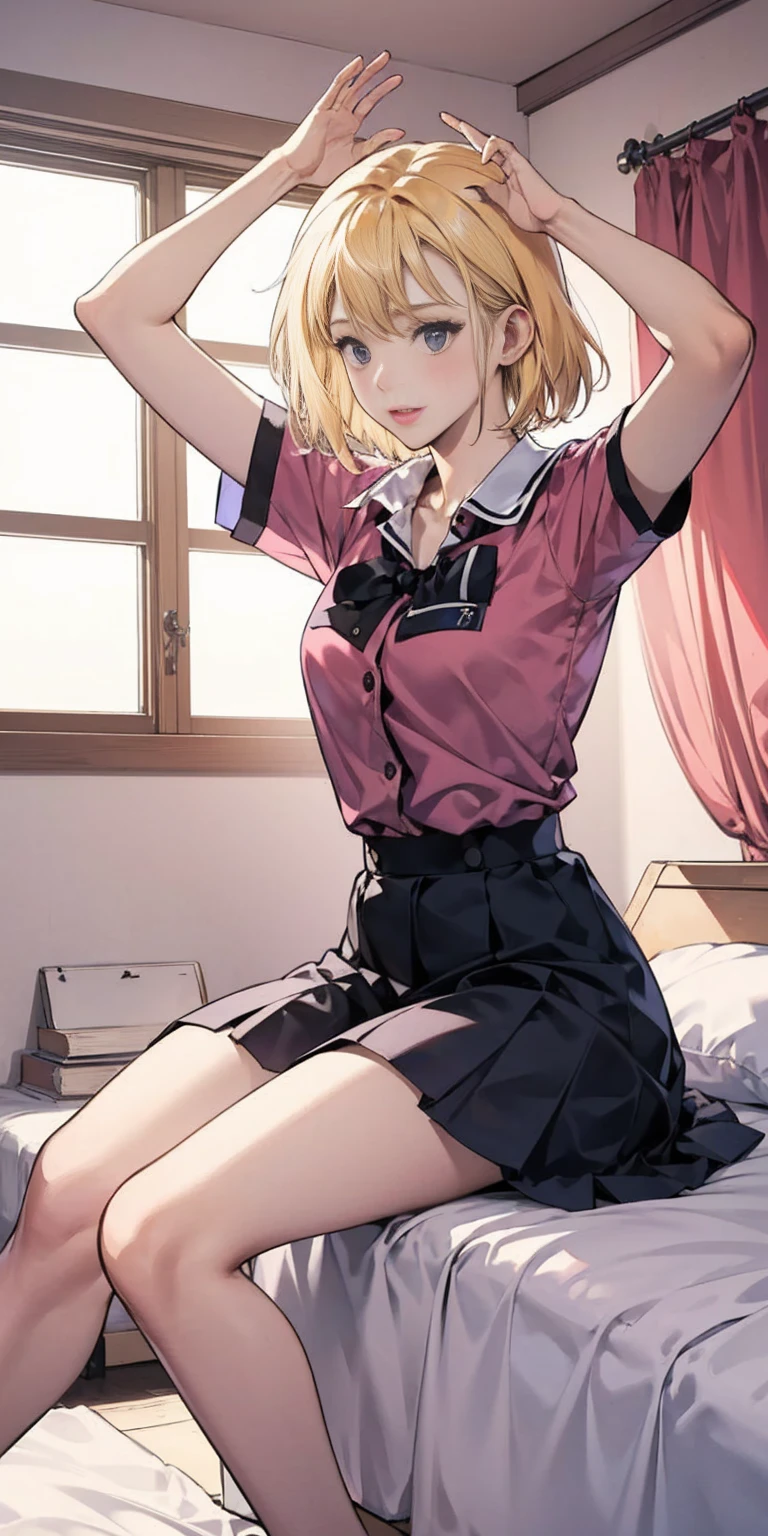 1sologirl (cha hae-in) sitting on pink bed, arms raised in the air, front view, cute, android 18, blonde hair, shor hair, wearing schoolgirl uniform