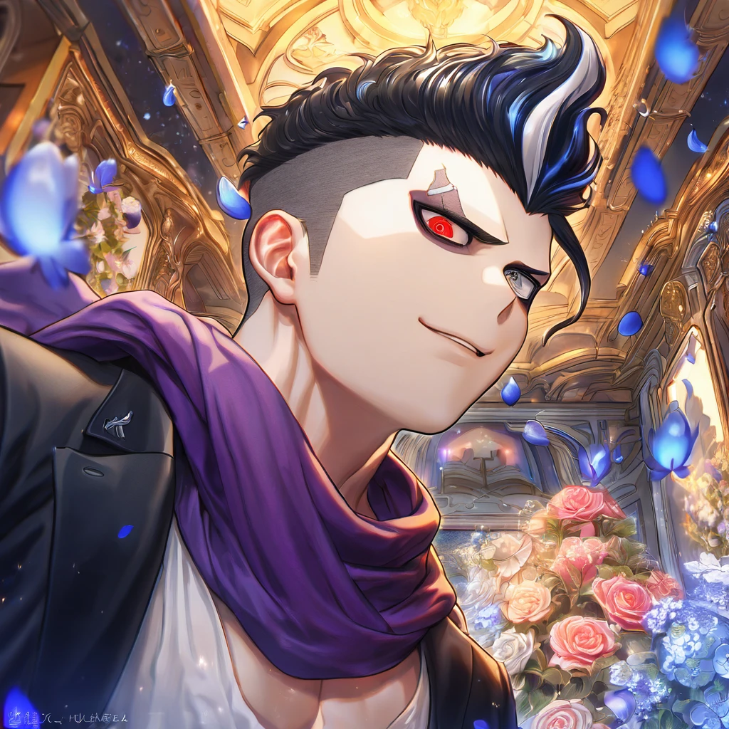 absurdres, highres, ultra detailed, HDR, master piece, Gundham Tanaka, black hair, heterochromia, expressive right red eye, gray left eye, purple scarf, black jacket, white t-shirt, Danganronpa, sexy man, room, handsome, best quality, flowers, fantasy, magical, solo, blue shining fireflies, blue petals, sensual, handsome smile