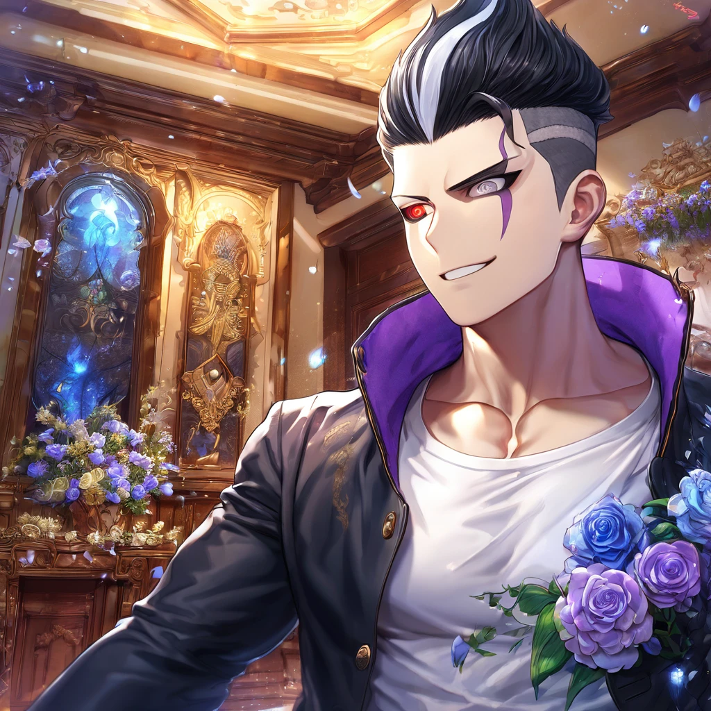 absurdres, highres, ultra detailed, HDR, master piece, Gundham Tanaka, black hair, heterochromia, expressive right red eye, gray left eye, purple scarf, black jacket, white t-shirt, Danganronpa, sexy man, room, handsome, best quality, flowers, fantasy, magical, solo, blue shining fireflies, blue petals, sensual, handsome smile