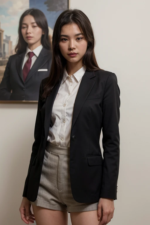 ((best quality)), ((masterpiece)), (detailed), 1girl, wearing suit and tie, korean, black haired, female, white background.
