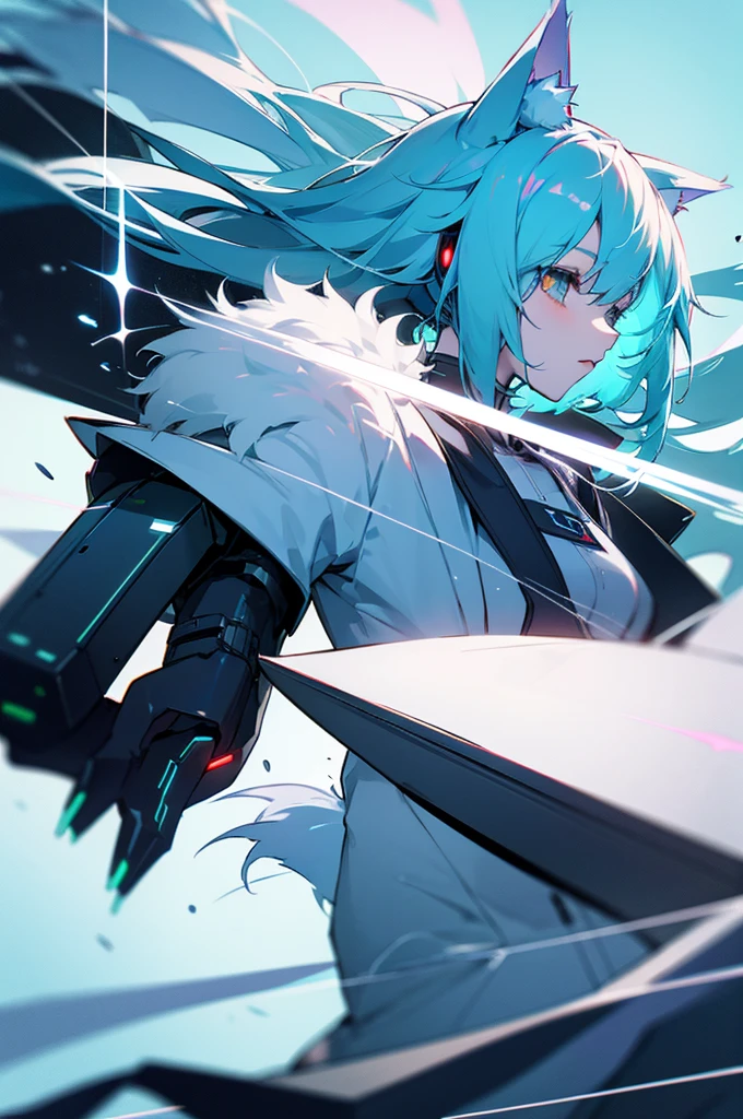 Wolf Girl Inspired by Futuristic Vocaloid. She's wearing y2k grunge style clothing,and black and white cross movement with futuristic elements. Her main color is lavender,Slightly light blue.