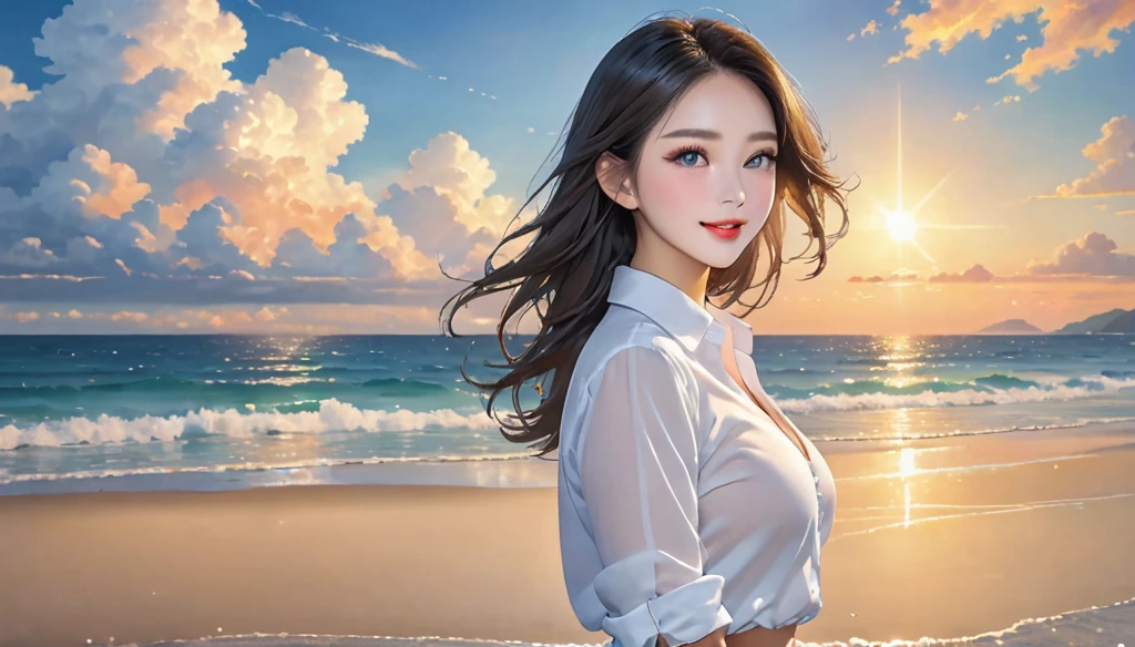 (highest quality、Masterpiece、8k、Best image quality、Hyperrealism、Award-winning works)、One high school girl、(The most natural and perfect white polyester collared shirt:1.2)、(Naked and wearing only a polyester collared shirt:1.3)、(Naked lower body:1.3)、(bare legs:1.2)、Full body photo、(Standing Elegantly:1.1)、(beautiful thick legs:1.1)、(Big Breasts:1.1)、(Cleavage:1.2)、Attractive body、white shining shirt、(Standing elegantly on the shore:1.1)、The best smile he had when he saw me、Strongly blurred background、Detailed depiction of the ocean、(Beautiful Hiroshi々Standing on a secluded beach:1.1)、Beautiful clear sky、Vivid beautiful sky、Beautiful cumulonimbus clouds、(The clearest, most beautiful and vibrant sea:1.1)、The most realistic and complex backgrounds、A crystal clear sea、Very bright、Upper body photo、(Accurate anatomy:1.1)、Accentuate your body lines、Perfect Makeup、Long eyelashes、Bright lipstick、Glossy Lips、Ultra high definition glossy skin、(Ultra-high resolution, bright and beautiful skin:1.1)、Ultra-high definition glossy lips、Ultra-high resolutionの美しい歯、(Very bright and vivid:1.1)、(Bright and glowing skin:1.1)、(bright and shining shirt:1.1)、Beautiful horizon