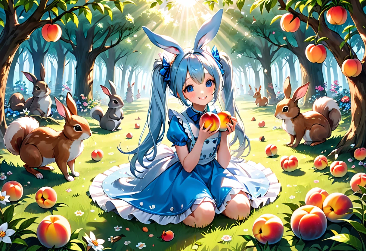 ((Highest quality)), ((masterpiece)), ((Ultra-detailed)), (Very delicate and beautiful), Light blue long hair、Beautiful girl with twin tails、Alice in Wonderland、Bunny ears、Bright smile、Bright Forest、Sunlight filtering through the trees、A lot of peaches on a peach tree、Flowers at your feet々are blooming in abundance、The forest friends are watching the girl、Cute squirrels and rabbits also appear、Eating peaches with my forest friends