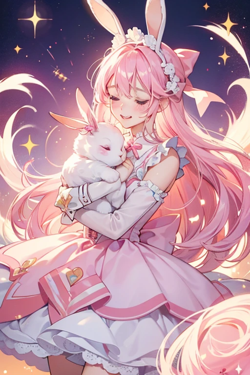 A vanilla GIRL bunny with swirls of hot pink through her. She has her mouth widely opened and shut eyes. She wears a light pink bow. SPARKLE; GLITTER