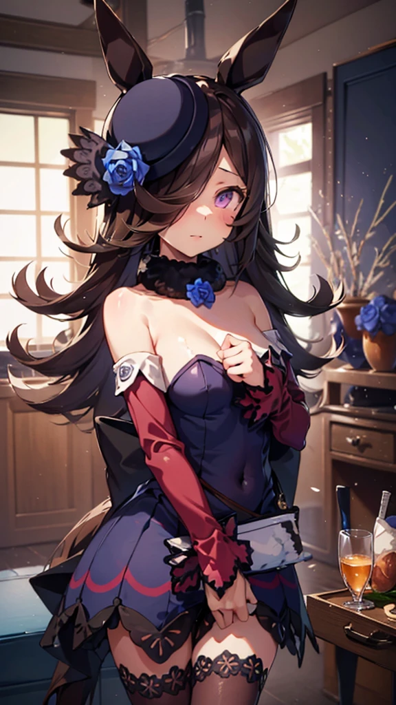 rice shower (umamusume), 1girl, solo, long hair, breasts, looking at viewer, blush, brown hair, thighhighs, hat, bow, navel, holding, animal ears, bare shoulders, purple eyes, tail, flower, small breasts, black thighhighs, indoors, bowtie, hair over one eye, leotard, cup, wrist cuffs, detached collar, rose, playboy bunny, horse ears, horse girl, horse tail, blue headwear, tray, blue flower, hat flower, blue leotard, holding tray, nontraditional playboy bunny