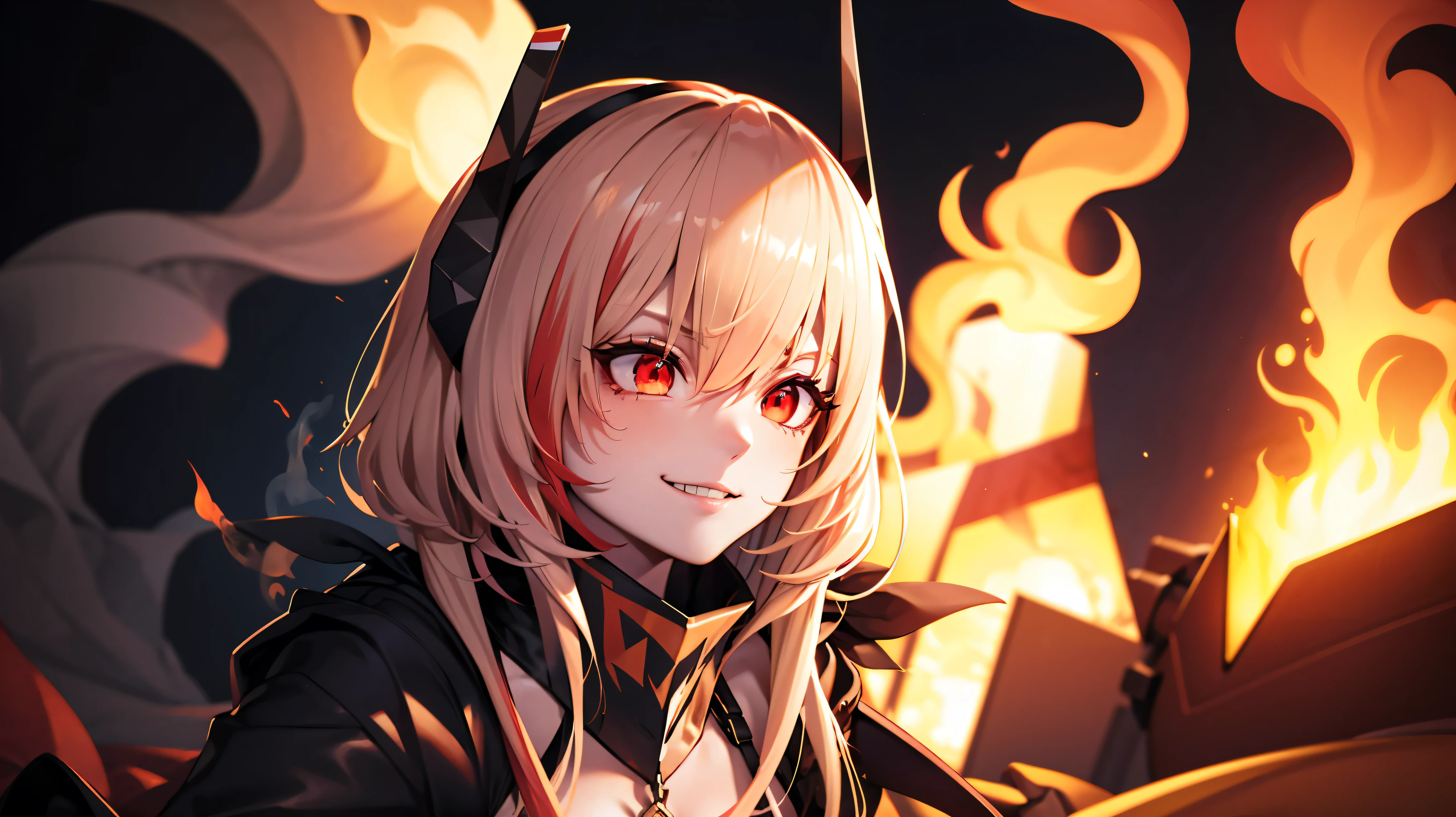 (extremely detailed CG unity 8k wallpaper),(masterpiece), (best quality), (ultra-detailed), (best illustration),(best shadow), (sharp eyeliner, eyeshadow, detailed eyes:1.1), (flames, smoke:1.3), ,BREAK, (vector:1.2), evil smile,  