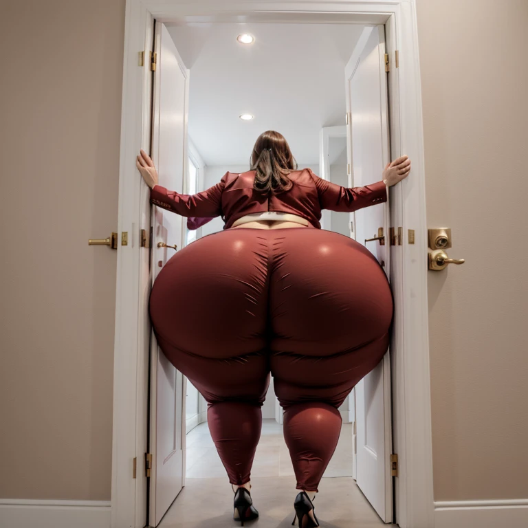 masterpiece, 1girl tall, fat, bottom heavy ssbbw british, 30 year old, behind a doorway, from behind, (doorstuck, stuckback:1.3), big belly, huge wide hips, massive butt, thick thighs, colorful clothing, wearing a red suit and tie and formal pants, upset, she tries to wiggle her big body through the door, but the door is too small and she is stuck tight, she kicks and swings her legs back and forth in a panic, she is way too big and round to fit through,, she looks behind at the viewer politely asking for some help as she tries to pull herself out with all her might, she swings her hips desperately