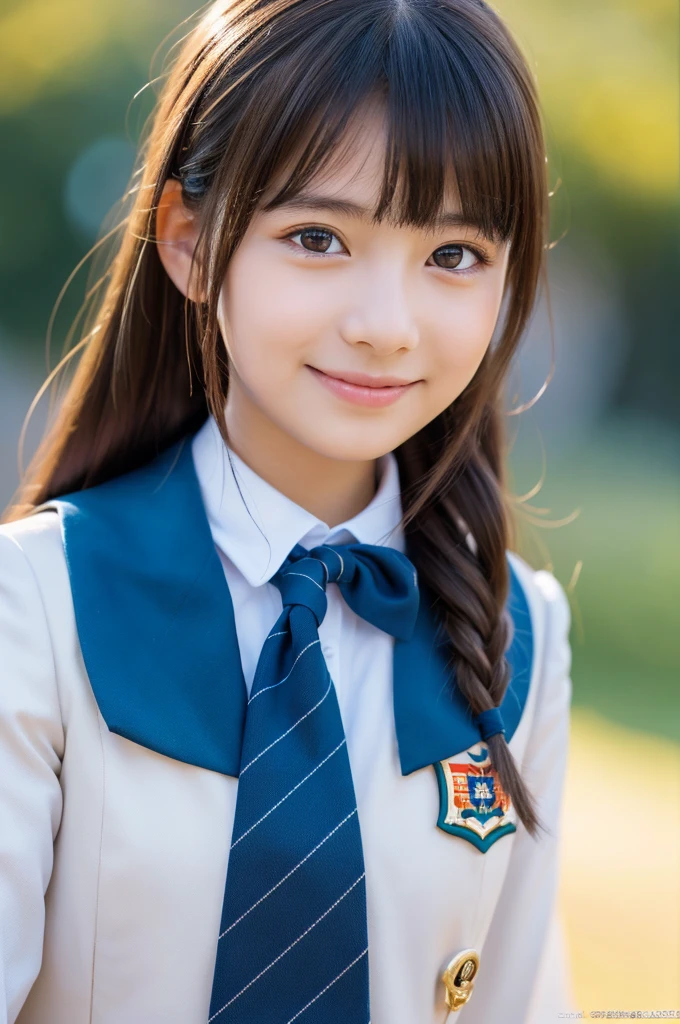 Urzan-6500-v1.1, (RAW Photos:1.2), (Realistic:1.4), Cute Detailed Girl,smile, Very detailed eyes and face, Beautiful attention to detail,  Very detailedな, High resolution, Very detailed, Highest quality, masterpiece, Kanna Hashimoto, ((Japanese high school girls uniform)), figure, Very detailed, CG, Unified, 8k wallpaper, wonderful, The finer details, masterpiece, Highest quality, Very detailed CG uniform 8k wallpaper, Light on the face, Cinema Lighting, One girl, 12 years old, ((Dynamic pose))