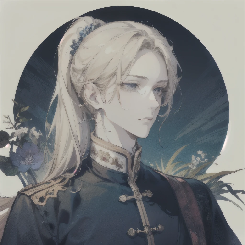 (masterpiece、Absurd realism、High resolution、Super fine) One Man、Wavy blonde hair、adult、Blue eyes、ponytail、Male Focus、Handsome face、Casual clothing、Charm、beautiful、Detailed eyes and face, the image is a mesmerizing masterpiece、Meticulously crafted with absurd realism and high resolution that brings every detail to life。The subject is a man、Wavy blonde hair cascading down her back、Stylish ponytail。He is an adult、like々The beautiful features are still vivid,、It hints at the maturity of age,((royal palace background:1.15)).