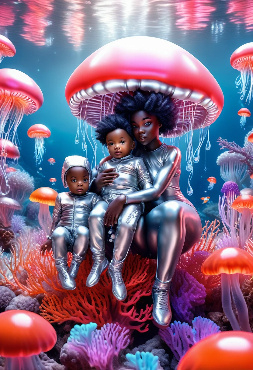 Wide angle shot of happy black babies dressed in silver clothes and sitting on top of floating giant jelly fish, in outer space surrounded by beautiful vibrant coral reefs with water ripples, highly detailed and ultra HD quality images, 32k, surrealism art 