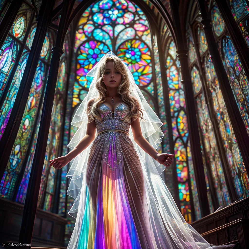 (Cathedral from below:1.28) (ZoomLayer) TopQuality 8K masterpiece of ((Professional photo)), (((Clarisse de Cagliostro))) (Detailed White WeddingDresses), Chain, (((Extremely detailed KAWAII face))) {((VeiledFace))|BlondeHair|(Elaborate BuleEyes)with(SparklingHighlights:1.28)}, The background is distant (((Elaborate stained glass))) Rainbow Glass, {(MysticSight)|EnchantingAtmosphere|Haze|(GodRays)|TyndallEffect}, Radiant PearlSkin with Transparency, (Exposed:0.39)