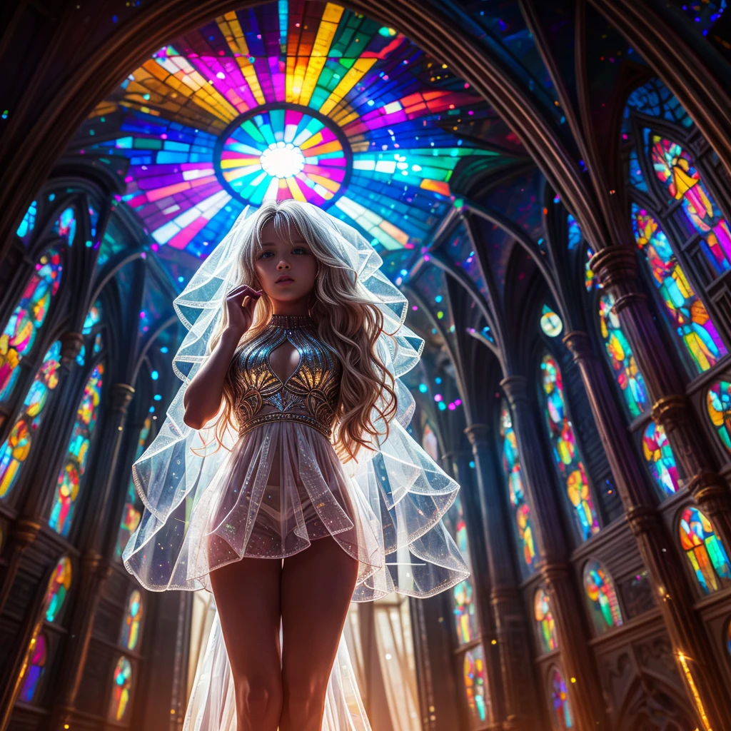 (Cathedral from below:1.28) (ZoomLayer) TopQuality 8K masterpiece of ((Professional photo)), (((Clarisse de Cagliostro))) (Detailed White WeddingDresses), Chain, (((Extremely detailed KAWAII face))) {((VeiledFace))|BlondeHair|(Elaborate BuleEyes)with(SparklingHighlights:1.28)}, The background is distant (((Elaborate stained glass))) Rainbow Glass, {(MysticSight)|EnchantingAtmosphere|Haze|(GodRays)|TyndallEffect}, Radiant PearlSkin with Transparency, (Exposed:0.39)