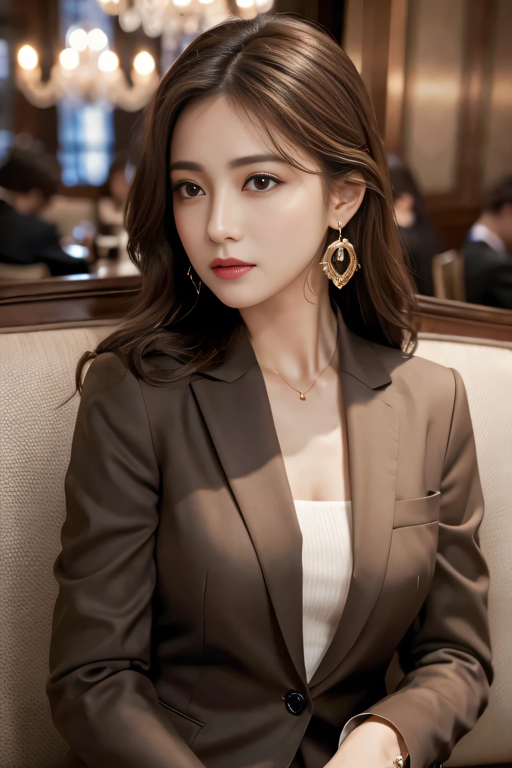 masterpiece, Highest quality, Realistic, Very detailed, Finer details, High resolution, 8k wallpaper, One beautiful woman, Wear a nice suit, In a great restaurant, At night, Light brown messy hair, Perfect dynamic composition, Beautiful and beautiful eyes、Big earrings、Sit on the sofa、