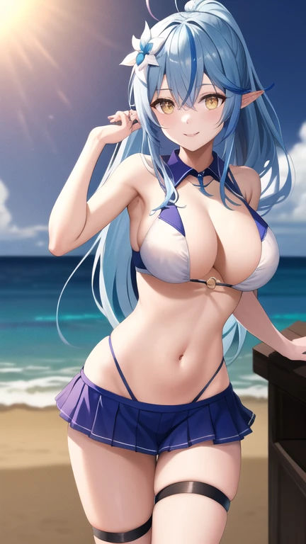 masterpiece, best quality, highres, 1girl, cclamy, swimsuit, ponytail, streaked hair, ahoge, hair flower, sailor collar, o-ring, sailor bikini, bikini skirt, pleated skirt, thigh strap, standing, cowboy shot, beach, smile,