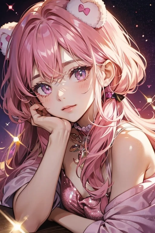 A dark pink GIRL bear with basic face. Glittering hot pink cream rests on top of his head. SPARKLE; GLITTER