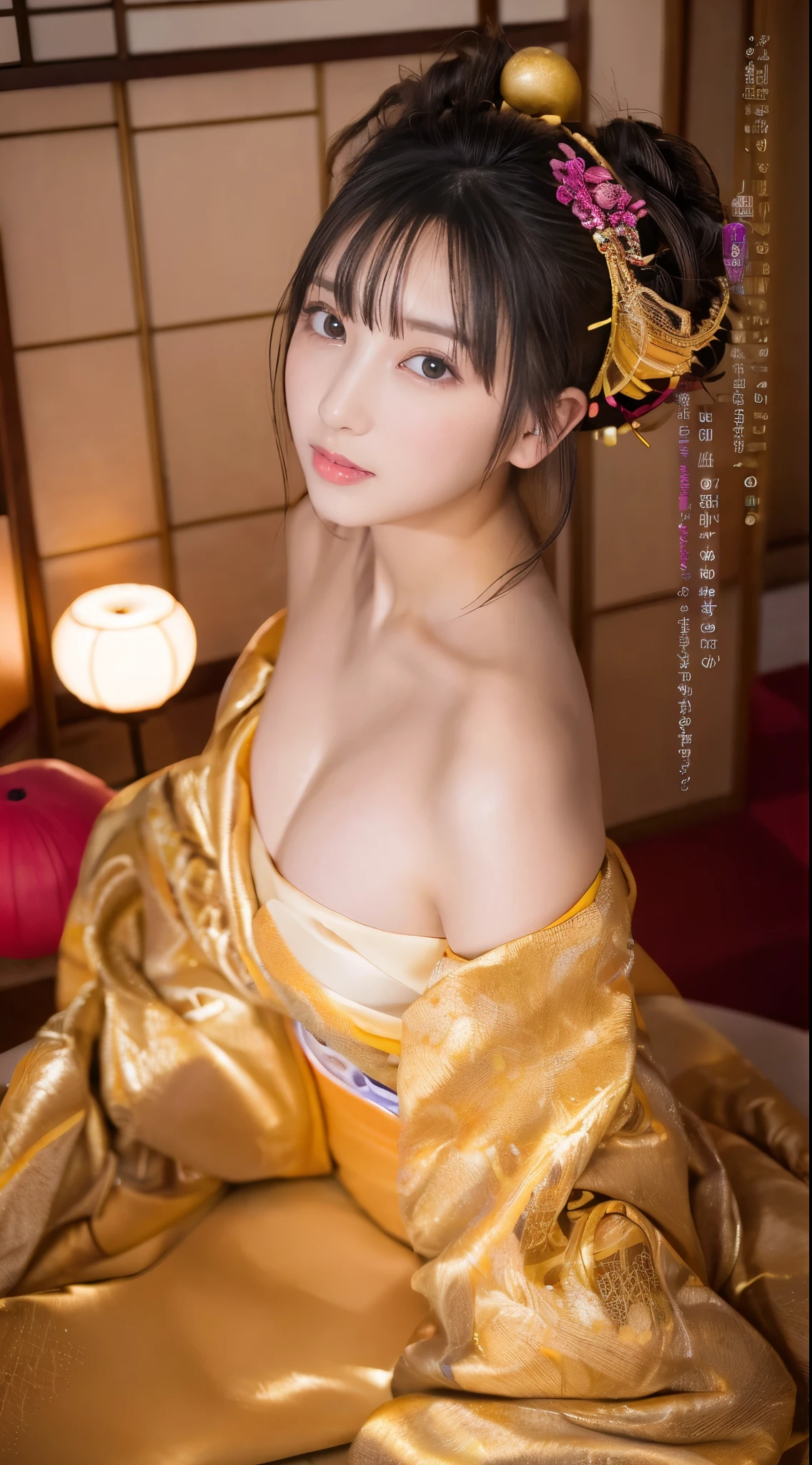 ((masterpiece(:1.4)，Highest quality，Ultra-high resolution，Highest quality，8k，Extremely detailed，In detail))，Japanese，Aika Sawaguchi，Gravure idol，Gravure Queen，beautiful girl，Golden Ratio Style，sexy，glamorous，Big Breasts，Oiran，Long-sleeved kimono，Hair tying，hair ornaments，smoke tube，geta，Gorgeous and luxurious，Hyper Quality，Realistic，