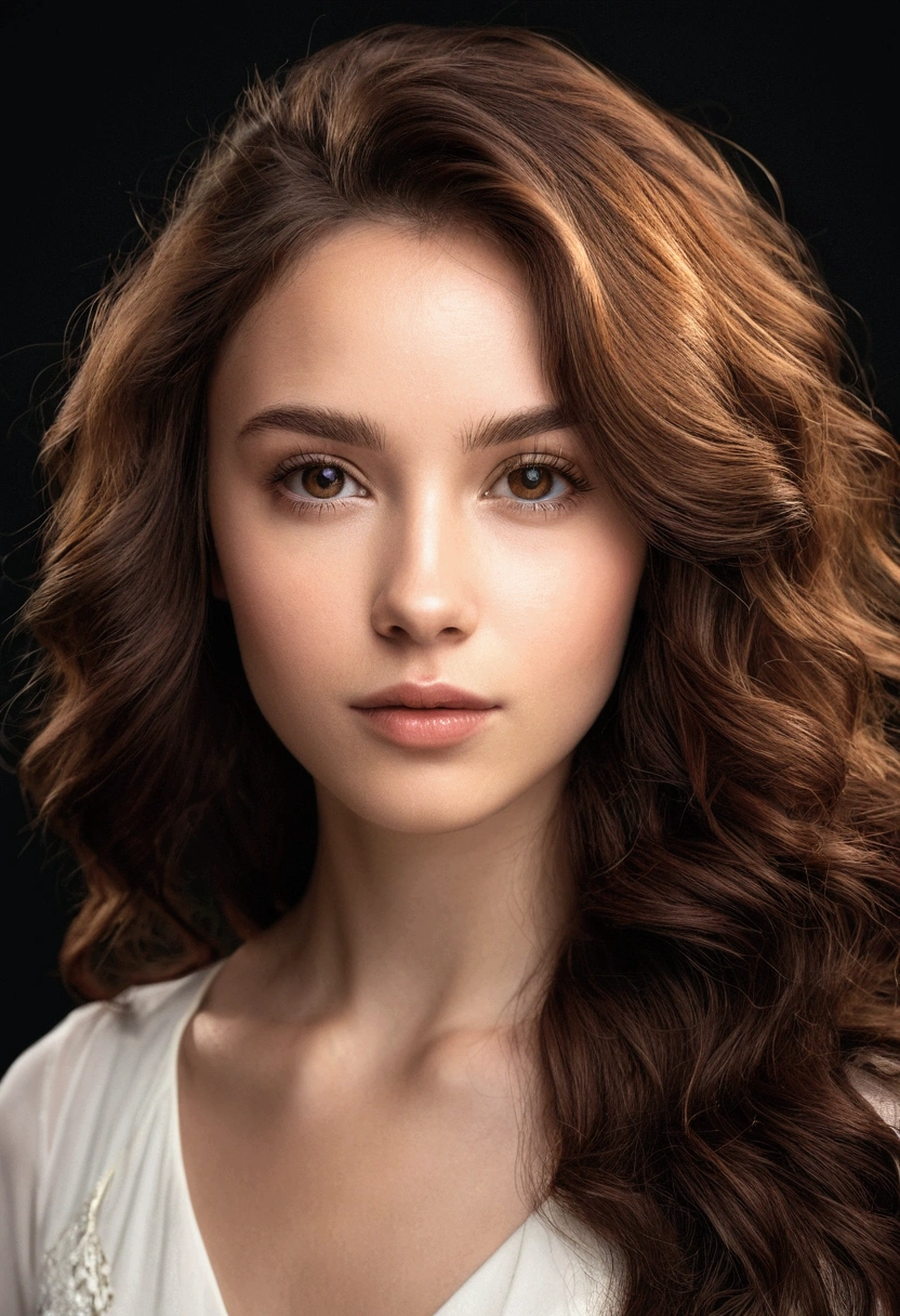 High-resolution, portrait of a 25yr old young woman with striking facial features. She has fair skin. Her hair is a vibrant shade of dark chestnut brown, cascading in loose waves around her face. Her eyes are a captivating amber, framed by long lashes, and her lips are full and slightly parted. The background is dark, which contrasts with her light skin and hair, making her features stand out prominently. The lighting is soft, highlighting the texture of her skin and the natural color of her hair. There is no visible text or logos in the image. show full body