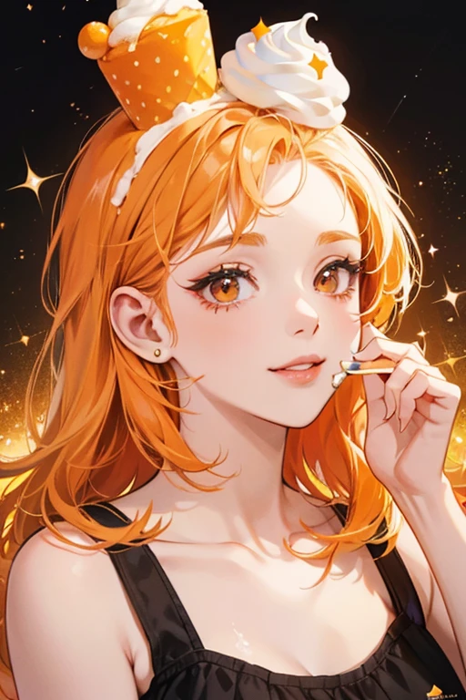 An orange ice cream GIRL bear with a black nose and winking face. SHe has white cream on top of hER head adorned with pale orange sprinkles. SPARKLE; GLITTER