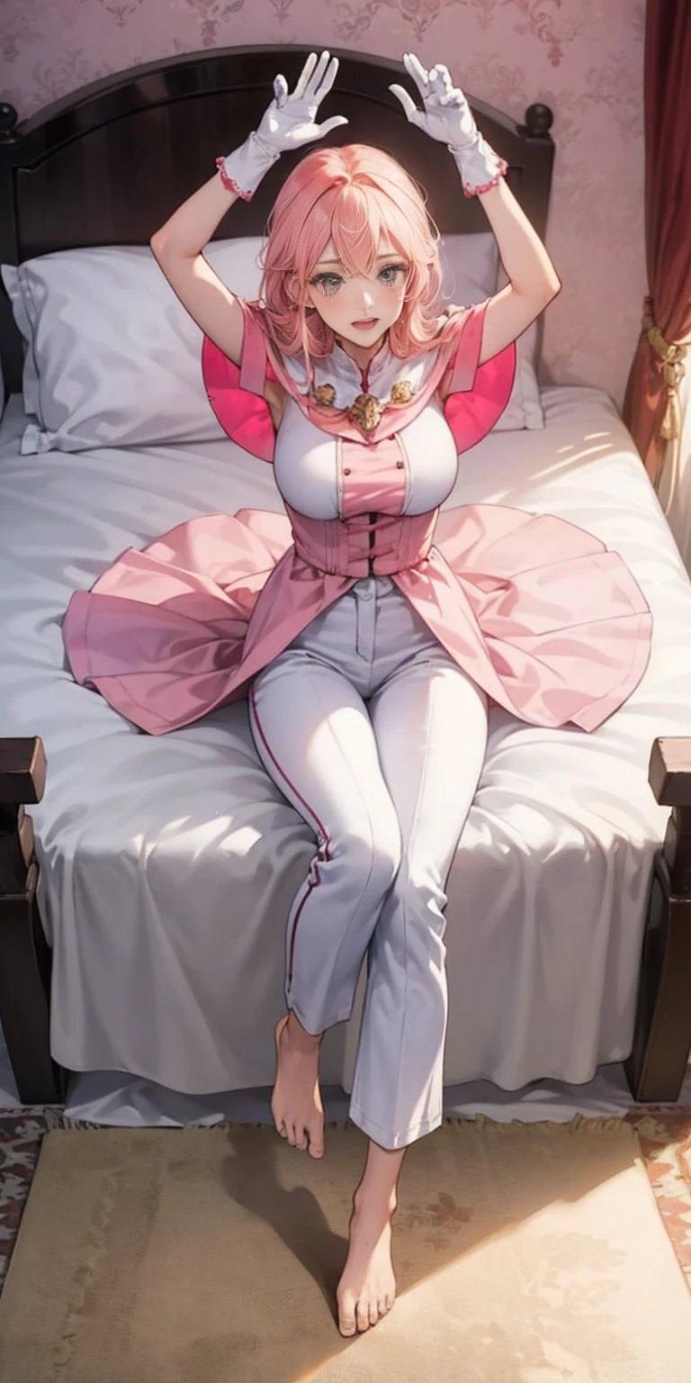 masterpiece, best quality, full body, barefoot, solo, female, big breast, 1sologirl (Princess Nina), pink capelet, pink tunic, white pants, brown gloves, full body, looking at viewer, shy, from above, mansion, room, finely decorated room, pink theme, big breast but cover, 1sologirl sitting on pink bed, arms raised in the air, front view, cute