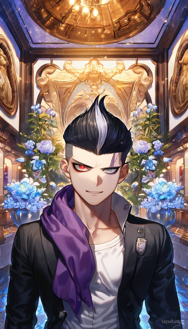absurdres, highres, ultra detailed, HDR, master piece, Gundham Tanaka, black hair, heterochromia, expressive right red eye, gray left eye, purple scarf, black jacket, white t-shirt, Danganronpa, sexy man, room, handsome, best quality, flowers, fantasy, magical, solo, blue shining fireflies, blue petals, sensual, handsome smile