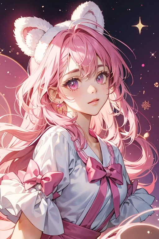 A pink-colored GIRL bear Num character with a basic expression. She has a white swirl on her head and wears a magenta bow. SPARKLE; GLITTER