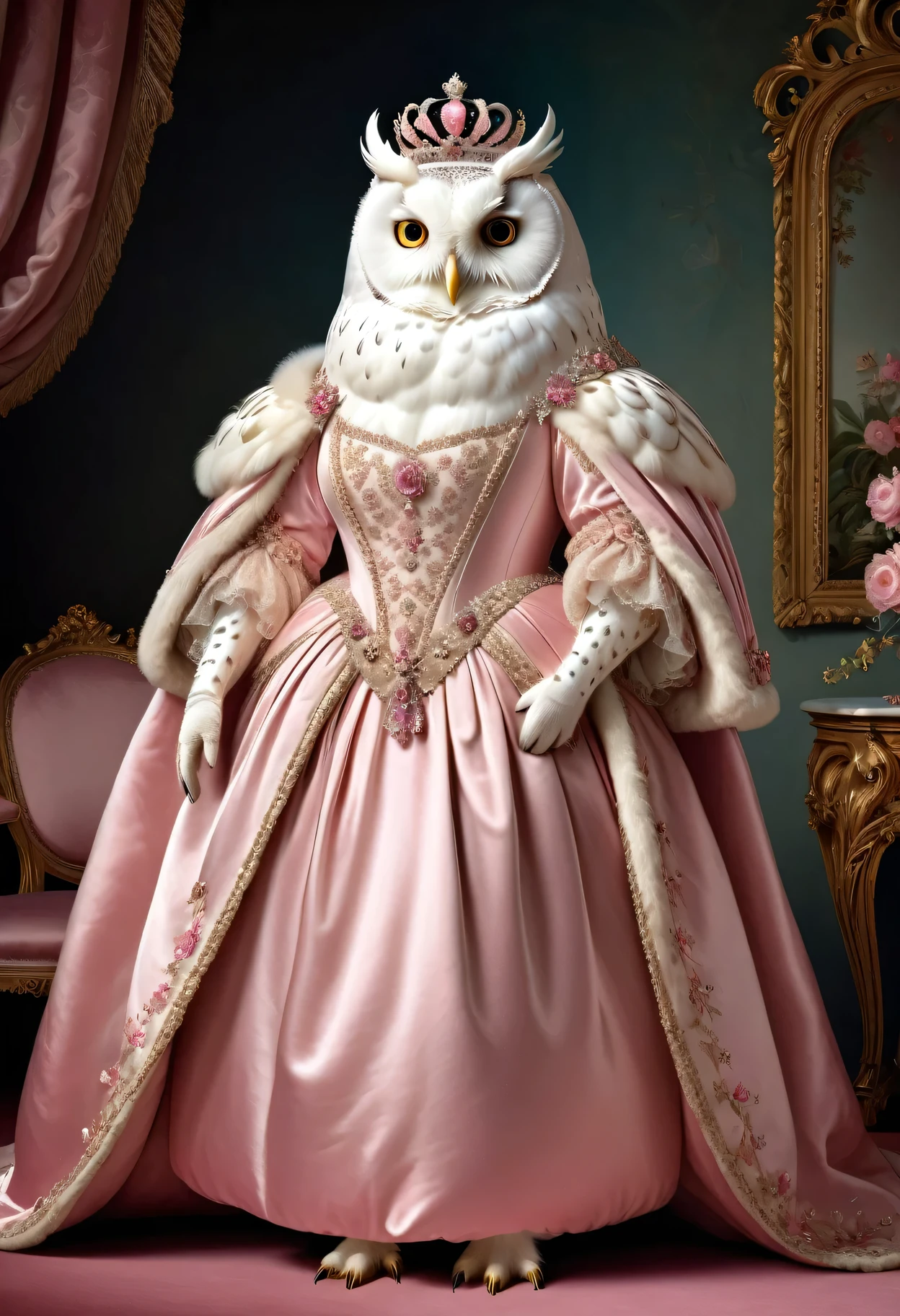 photorealistic portrait of Dressed animals - a ((fat)) (white owl) princess, (furry),(full body image:1.5),(elegant pose:1.5) Wearing luxury sack-back gown,(wearing luxury tiara),(hands on hips:1.5),(happy),(smile:1.5), Old-fashioned luxury loyal pink dress, detailed and opulent description of a loyal aristocratic sack-back gown in Rococo , emphasizing luxurious fabrics, intricate embroidery, and ornate accessories, Rococo style king palace  background,(looking at viewer:1.5),score_9, score_8_up, score_7_up, score_6_up, score_5_up, score_4_up,