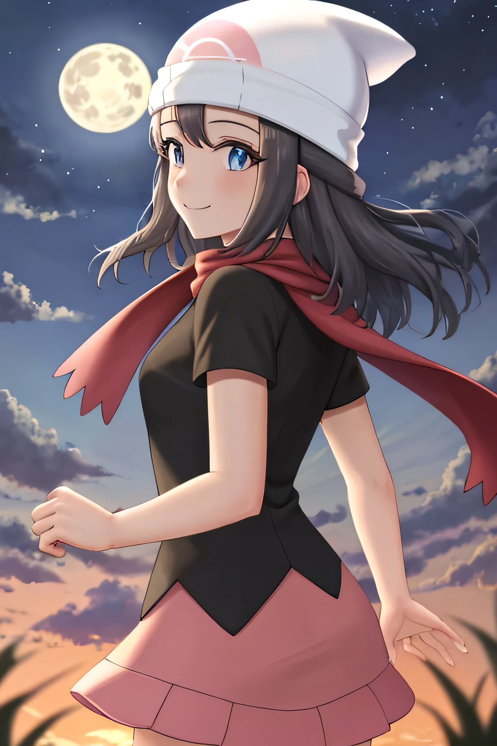 ((Highest quality)), ((Very detailed)), masterpiece, Absurd, Very detailed顔, Beautiful Face, (Detailed eyes, Deep Eyes), (One girl), Cowboy Shot, dawn \(Pokemon\), Black Hair, Medium Hair, blue eyes, smile, Black Shirt, No sleeve, Red scarf, Pink Skirt, White Hat, Beanie, (evening, Night Sky, 半moon),Outdoor, Shine, Sunset sky,cloud, cloudy sky, moon, Style-NebMagic, Pause, Dynamic Angle, From the side,silhouette,Backlight,masterpiece,Highest quality