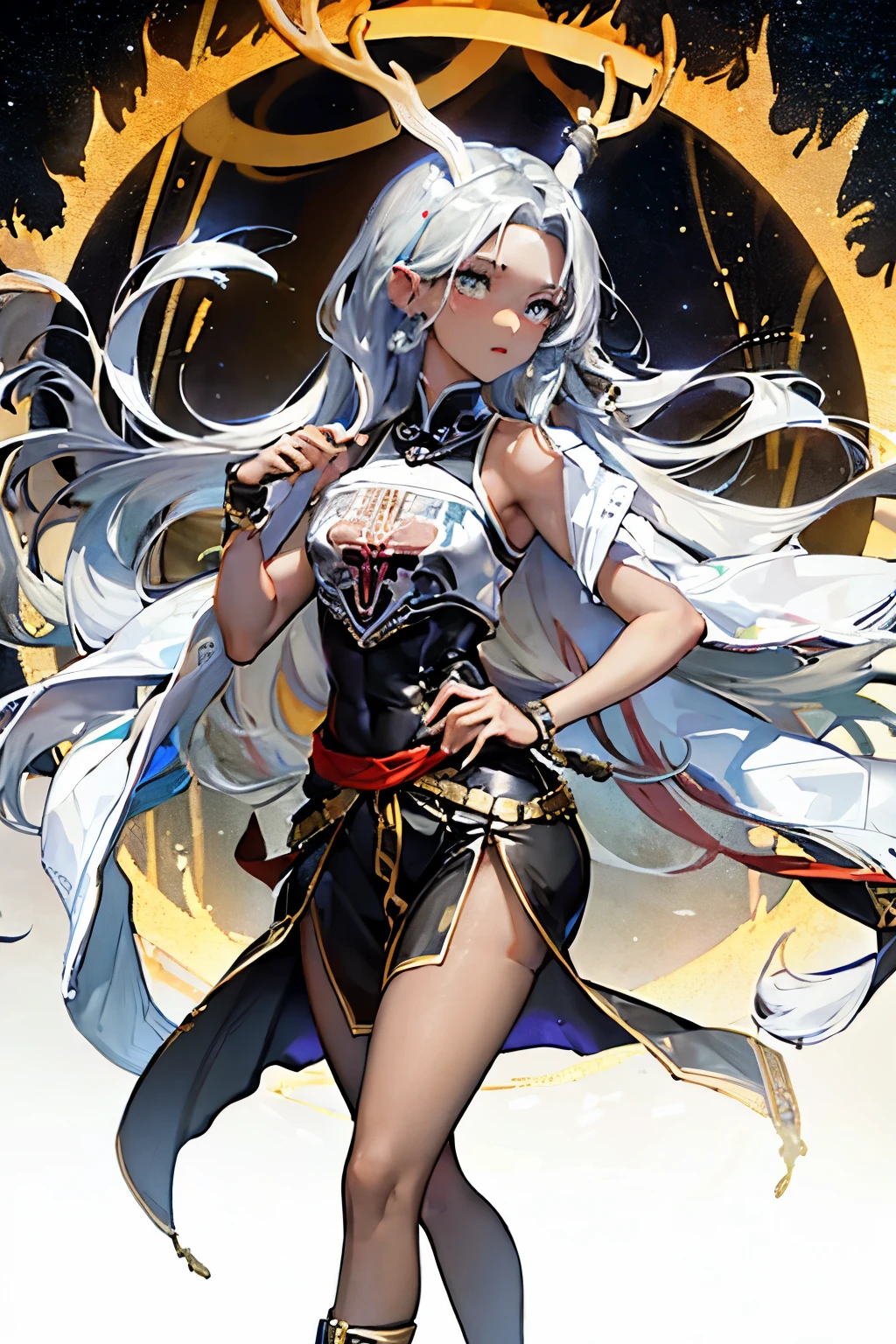 Flat lighting,elevation,sexy,A beautiful woman with supple curves,((Highest quality)), ((masterpiece)),(detailed), One girl,Silver Hair,Long Hair，Dark Skin,Wearing a black sleeveless dress，Wear black high heels，Standing pose on top of the tower,Starry Sky，cloud，Girl with deer antlers on her head，Look away,Holds a long sword in his right hand