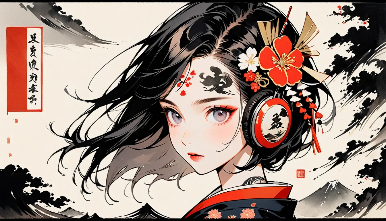(((Ink Painting))), Fashion portrait color photos, (((1 girl))), (((Tattoo on forehead))), (((Very flashy hair accessories))), Japanese style headphones, face close-up, Japan人の美少女, Black Hair, Delicate and precise, Modern ukiyo-e style,Japan, Japanese flag