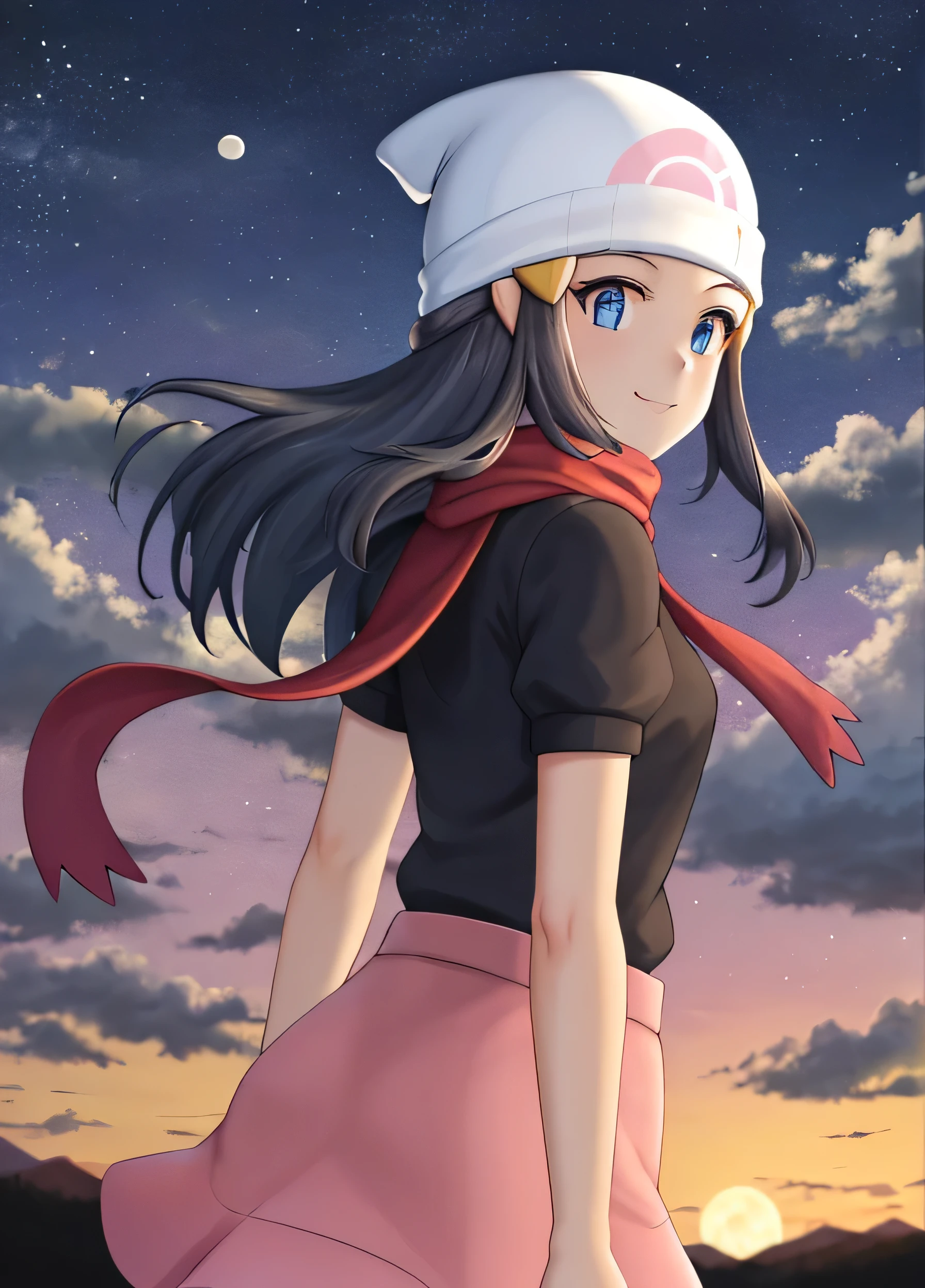 ((Highest quality)), ((Very detailed)), masterpiece, Absurd, Very detailed顔, Beautiful Face, (Detailed eyes, Deep Eyes), (One girl), Cowboy Shot, dawn \(Pokemon\), Black Hair, Medium Hair, blue eyes, smile, Black Shirt, No sleeve, Red scarf, Pink Skirt, White Hat, Beanie, (evening, Night Sky, 半moon),Outdoor, Shine, Sunset sky,cloud, cloudy sky, moon, Style-NebMagic, Pause, Dynamic Angle, From the side,silhouette,Backlight,masterpiece,Highest quality