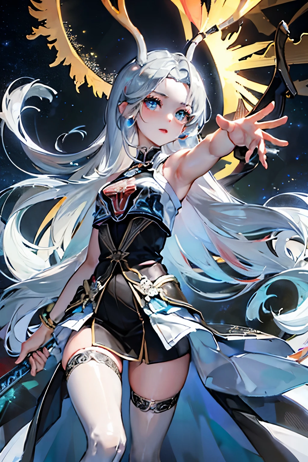 Flat lighting,elevation,sexy,A beautiful woman with supple curves,((Highest quality)), ((masterpiece)),(detailed), One girl,Silver Hair,Long Hair，Dark Skin,Wearing a black sleeveless dress，Wear black high heels，Standing pose on top of the tower,Starry Sky，cloud，Girl with deer antlers on her head，Look away,Holds a long sword in his right hand