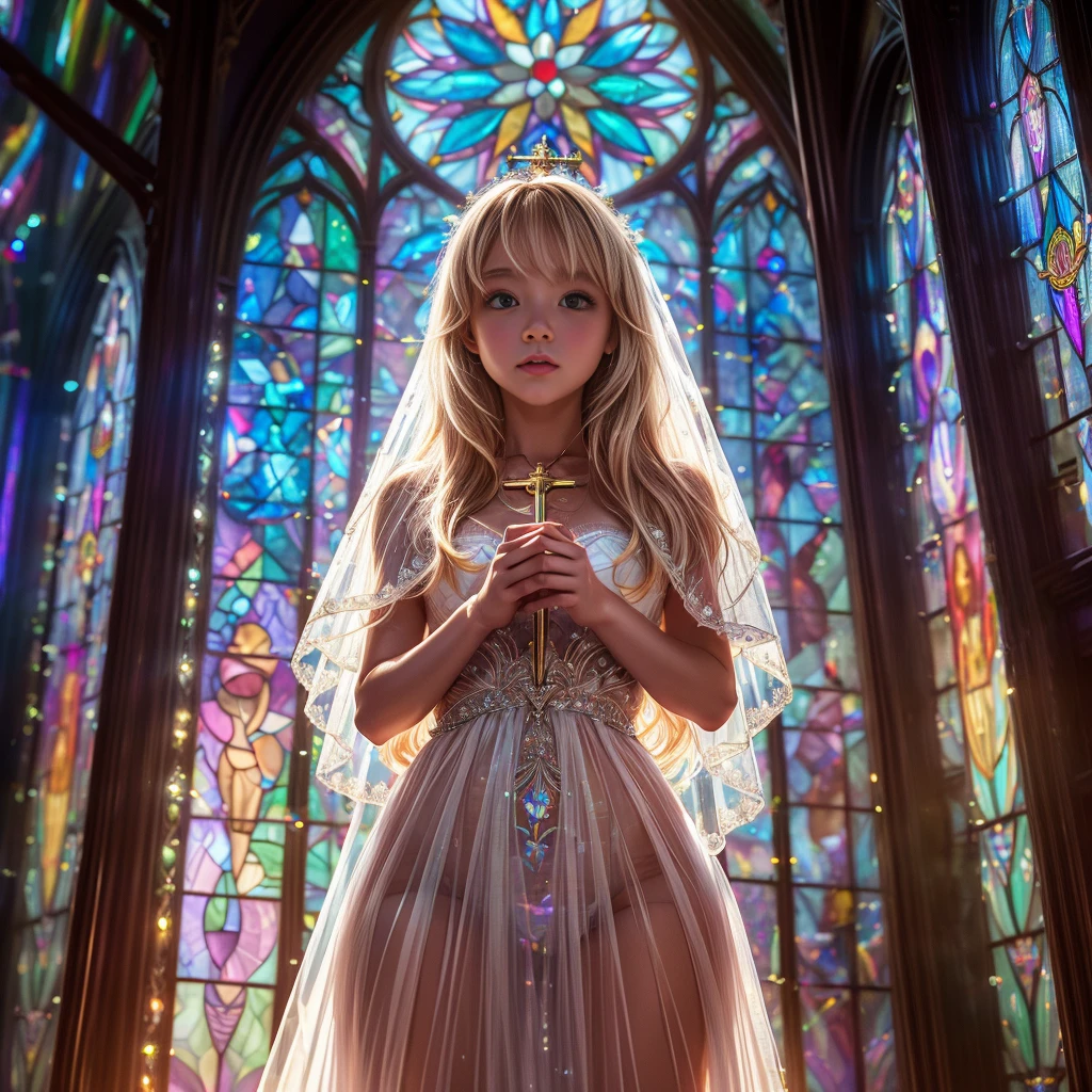 (Cathedral from below:1.28) (ZoomLayer) TopQuality 8K masterpiece of ((Professional photo)), (((Clarisse de Cagliostro))) (Detailed White WeddingDresses), Chain, (((Extremely detailed KAWAII face))) {((VeiledFace))|BlondeHair|(Elaborate BuleEyes)with(SparklingHighlights:1.28)}, The background is distant (((Elaborate stained glass))) Rainbow Glass, {(MysticSight)|EnchantingAtmosphere|Haze|(GodRays)|TyndallEffect}, Radiant PearlSkin with Transparency, (Exposed:0.39)