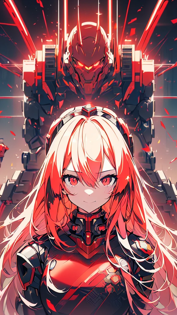 (((masterpiece))), (upper body), 1girl, solo, red hair, long hair, red eyes, (slant eyes), science fiction, ((Solo)), (mecha musume:1.5), mechanical parts, headgear, doragon mechanical tails, ((mechanical Black dragon Armor)), (Evil smile face), (((neon light red))), Anime style, (rava effect:1.5)