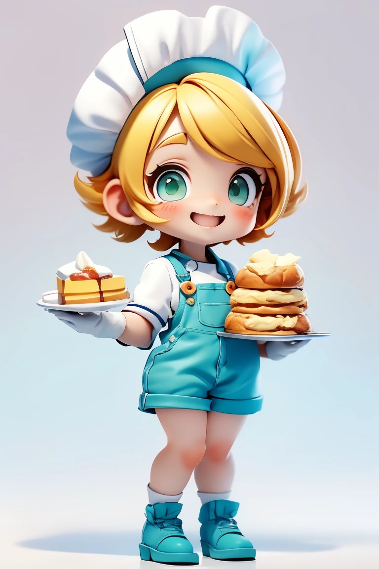 Adorable and cute , with Thermal Kitchen Gloves on both hands. Holding round baking pan in left hand filled with small round cheese breads. happy with a wide smile of happiness, proud. Full, flushed cheeks. Pure white image background. ultra quality. Dressed in pastry chef outfit with white chef hat with light blue stripe. great smile. Full-body image, Normal legs, little black shoes. short blonde hair, dark green eyes, light blue chef overalls.