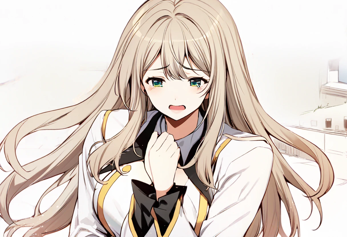 High detailed, 1 girl, solo, nonomi, cyan eyes,brown hair,long hair, busty, chunky, yellow genetics's uniform, Juliet sleeves,  deep cleavage, white skirt,pleated skirt, genetics's uniform, juliet sleeves, genetics's uniform, crying, depressive expression