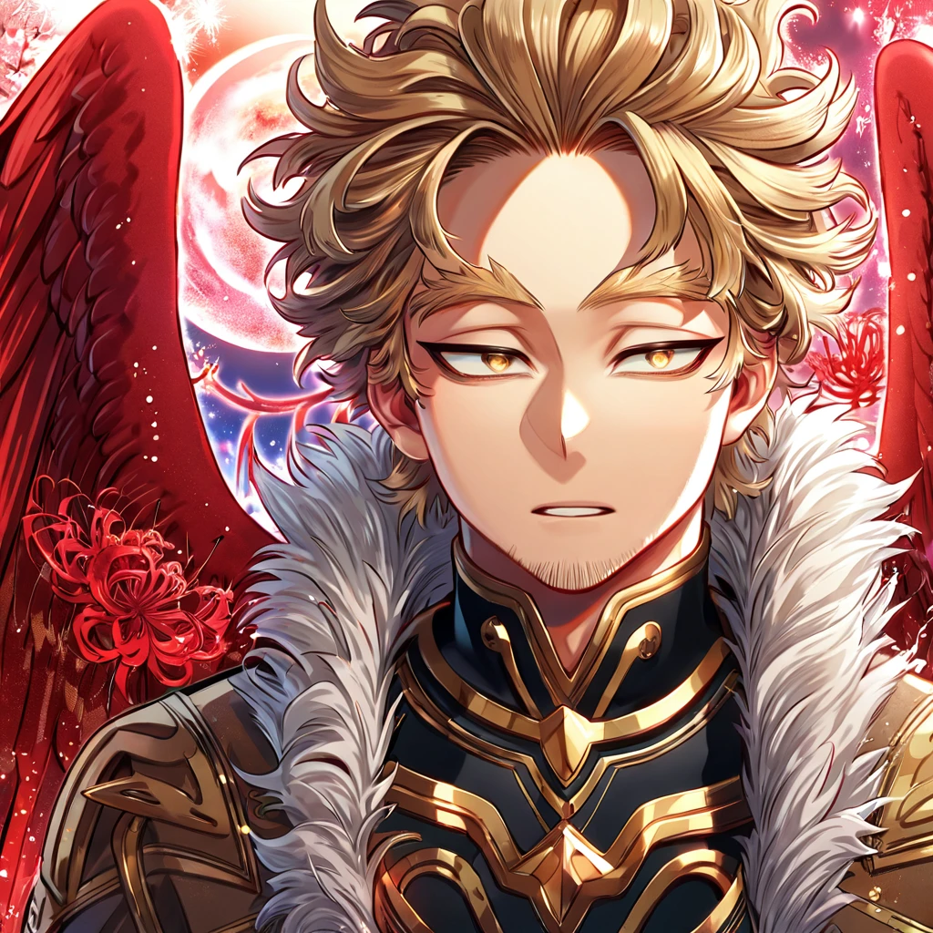 absurdres, highres, ultra detailed, HDR, master piece, best quality, extremely detailed, Hawks, ash-blonde hair, expressive golden brown eyes, faint stubble, Boku No Hero Academia, solo, sexy man, handsome, sensual, brown jacket with fur, black shirt with patterns, red wings, fantasy, red blood water, sparkling, red glittering fireflies, red moon, red blossoms, red spider lilies, red sparkling lights, starry sky, magical