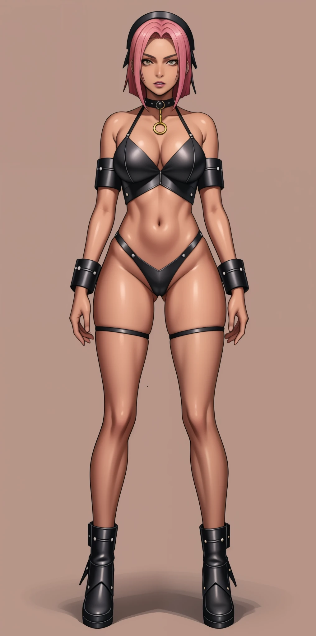 (Masterpiece, plain background:1.2) white short bob hair and skin, white eyes, thin legs, thin body, leather corset and leather collar choker with golden neck bell, shackles wristbands bracers bracelets sleeves, whitish micro bikini 👙 maid, 1MILFWOMAN BIMBO full body standing symmetrical with both hands on hips, wide hips, view from below