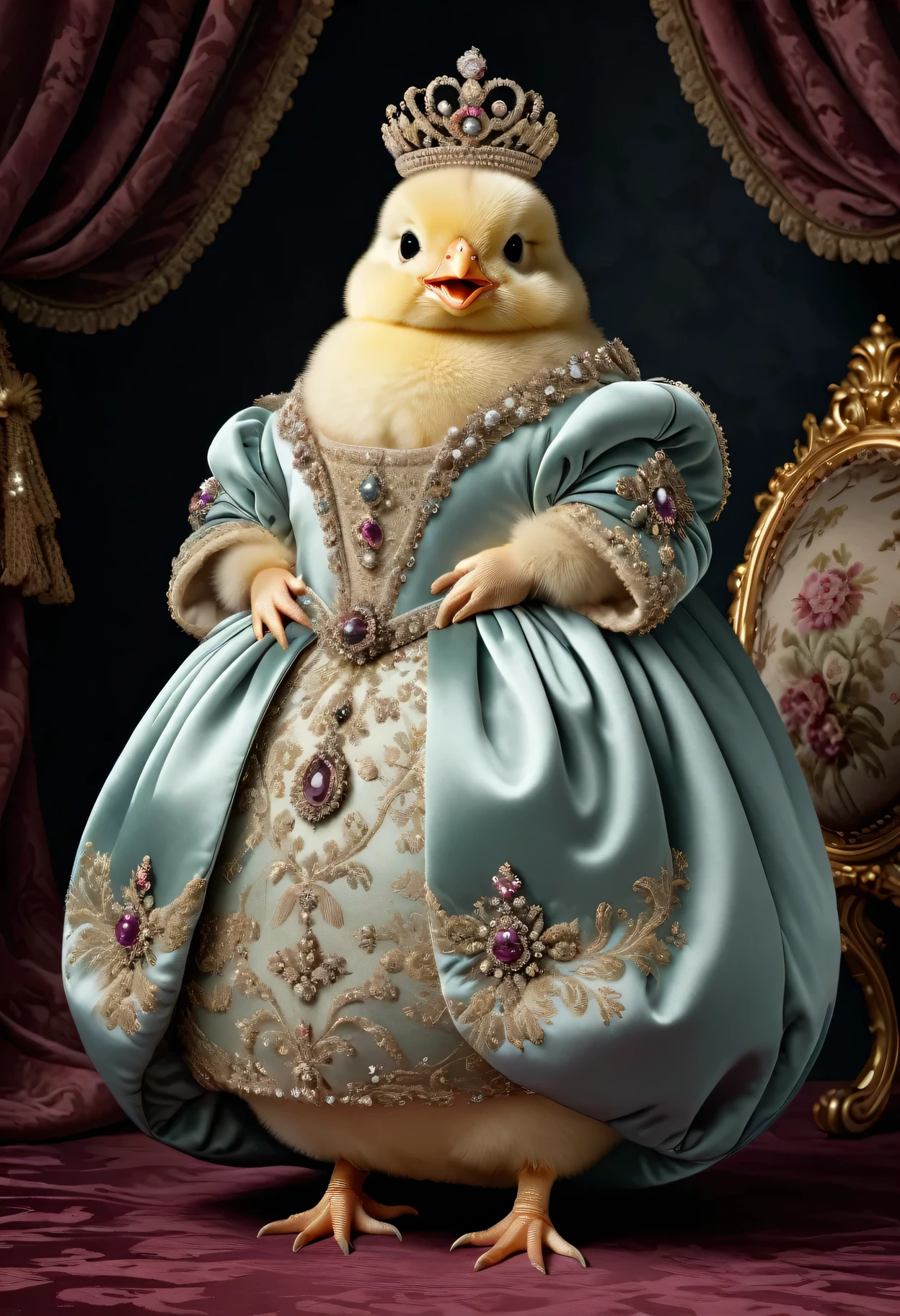 photorealistic portrait of Dressed animals - a ((fat)) (baby chick) princess, (furry),(full body image:1.5),(elegant pose:1.5) Wearing luxury sack-back gown,(wearing luxury tiara),(hands on hips:1.5),(happy),(smile:1.5), Old-fashioned luxury loyal black dress, detailed and opulent description of a loyal aristocratic sack-back gown in Rococo , emphasizing luxurious fabrics, intricate embroidery, and ornate accessories, Rococo style king palace background,(looking at viewer:1.5),score_9, score_8_up, score_7_up, score_6_up, score_5_up, score_4_up,