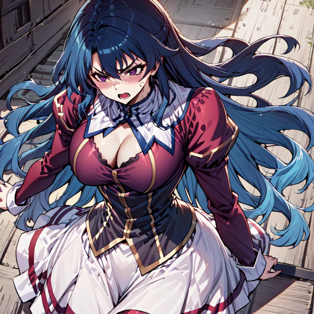 High detailed, 1 girl, solo, cyan eyes, Carmine colored hair, voluminous long hair, busty, chunky, yellow genetics's uniform, Juliet sleeves,  deep cleavage, white skirt, genetics's uniform, juliet sleeves, genetics's uniform, furious expression