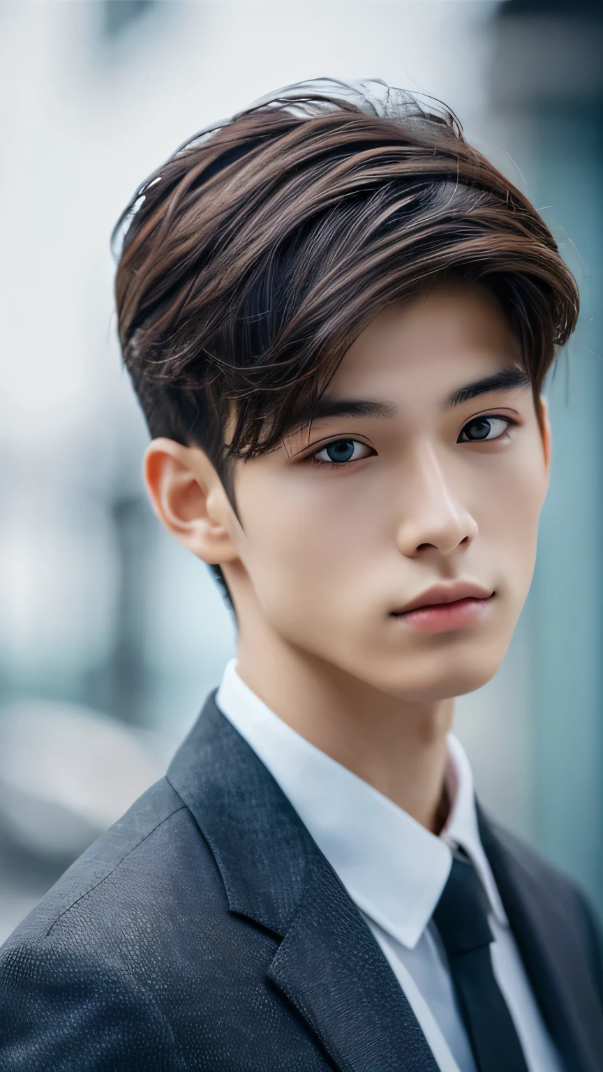 Highest quality, masterpiece, Ultra-high resolution, (Realistic: 1.4), Original photo, wallpaper, Head Photo, skin, Simple Background, Iris, detailed, Selfie, 1 boy, 18-year-old, good looking, Wind,suit