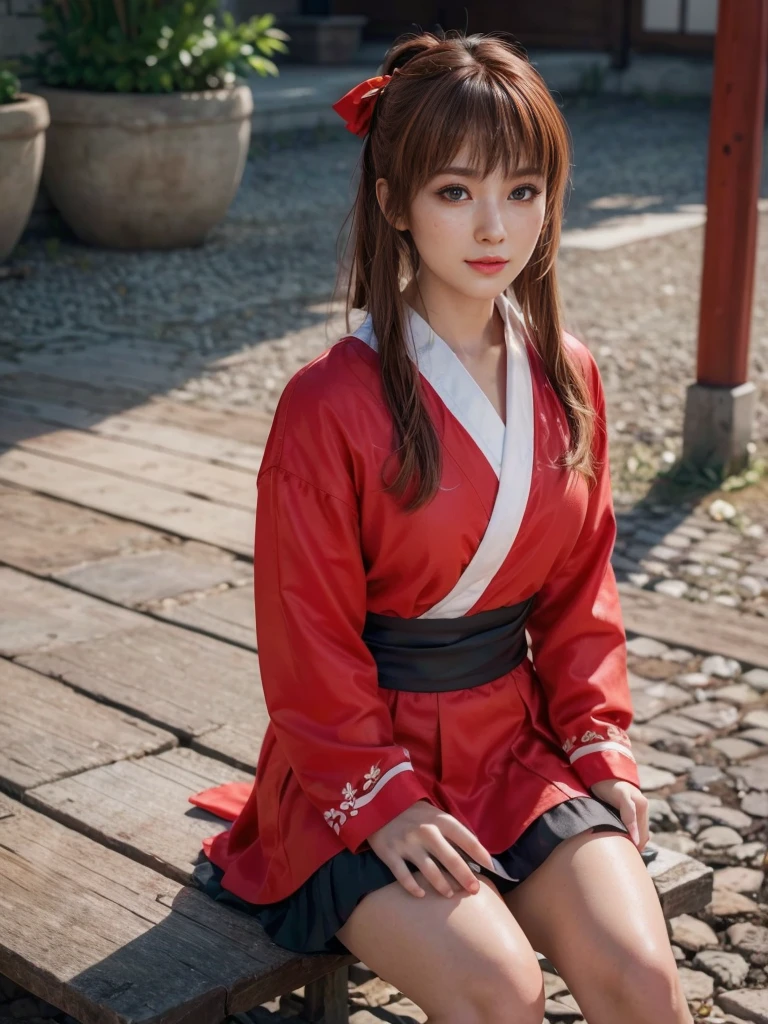 Kasumi, brown eyes, (best quality, ultra-detailed), (realistic:1.37), beautiful and detailed face, ultra-realistic texture, delicate face, delicate body, strong red lipstick, bright colors. High definition, 8K. expression with a slight sweet smile