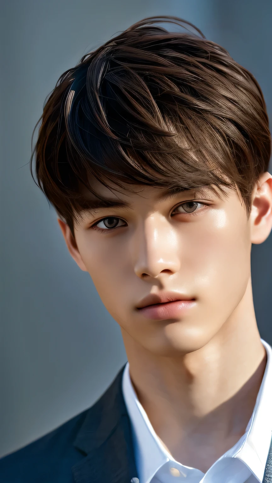 Highest quality, masterpiece, Ultra-high resolution, (Realistic: 1.4), Original photo, wallpaper, Head Photo, skin, Simple Background, Iris, detailed, Selfie, 1 boy, 18-year-old, good looking, Wind,suit