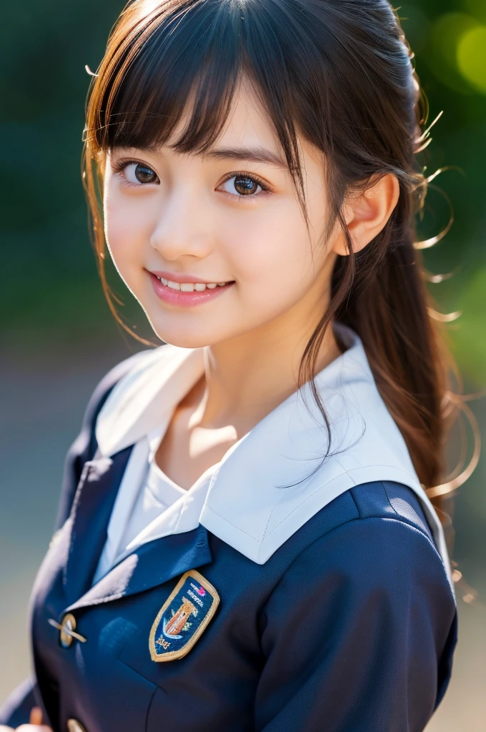 (RAW Photos:1.2), (Realistic:1.4), Cute Detailed Girl,smile, Very detailed eyes and face, Beautiful attention to detail,  Very detailedな, High resolution, Very detailed, Highest quality, masterpiece, Kanna Hashimoto, ((Japanese high school girls uniform)), figure, Very detailed, CG, Unified, 8k wallpaper, wonderful, The finer details, masterpiece, Highest quality, Very detailed CG uniform 8k wallpaper, Light on the face, Cinema Lighting, One girl, 12 years old, ((Dynamic pose))