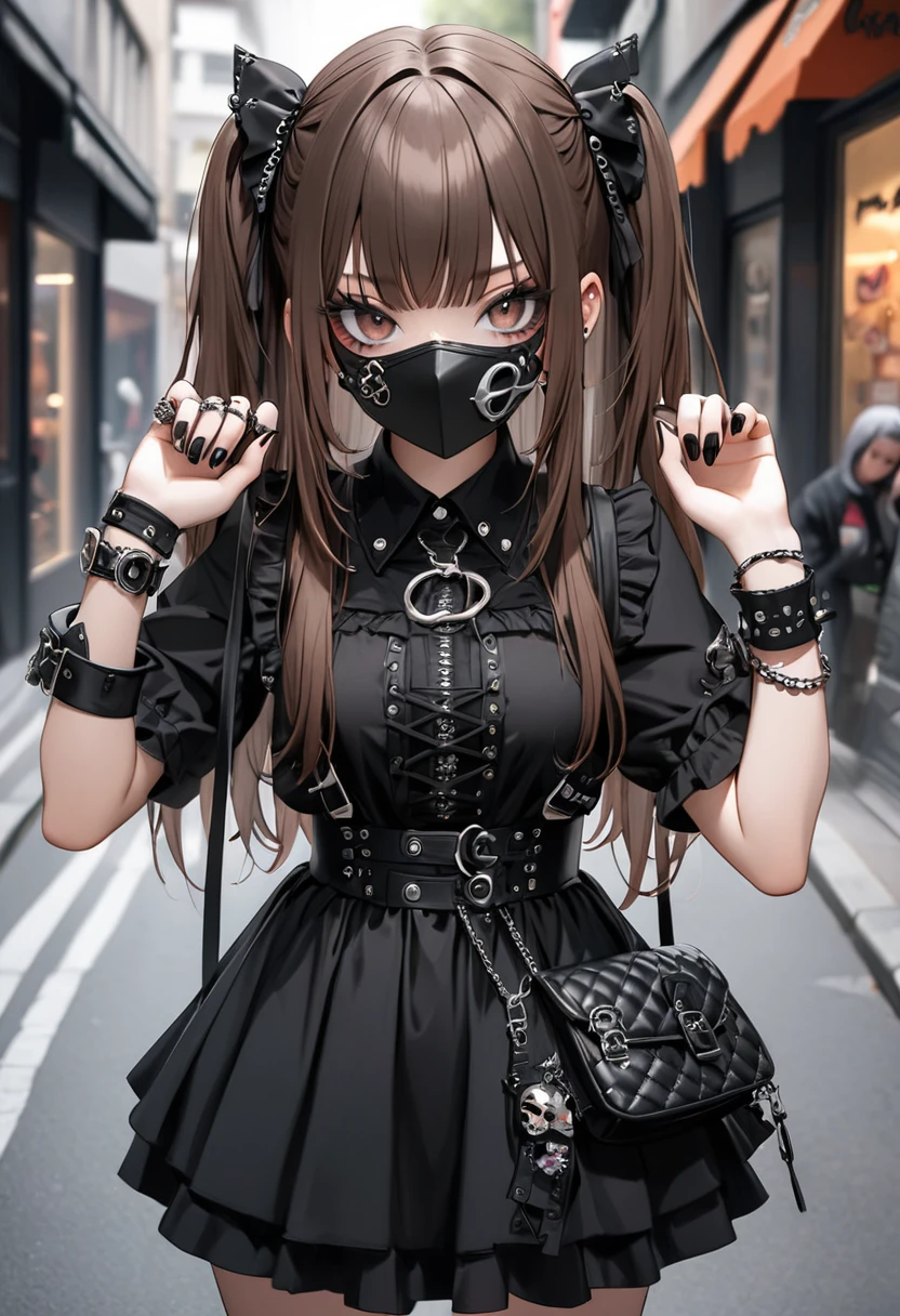 ddsister, long hair, two side up, wavy hair, black mask, crop top, cropped shirt, black shirt, chest harness, suspenders, off shoulder, black jacket, open jacket, long sleeves, midriff, miniskirt, black skirt, thigh strap,(((spoken heart))),,,,(((dark room))),church,looking viewer,