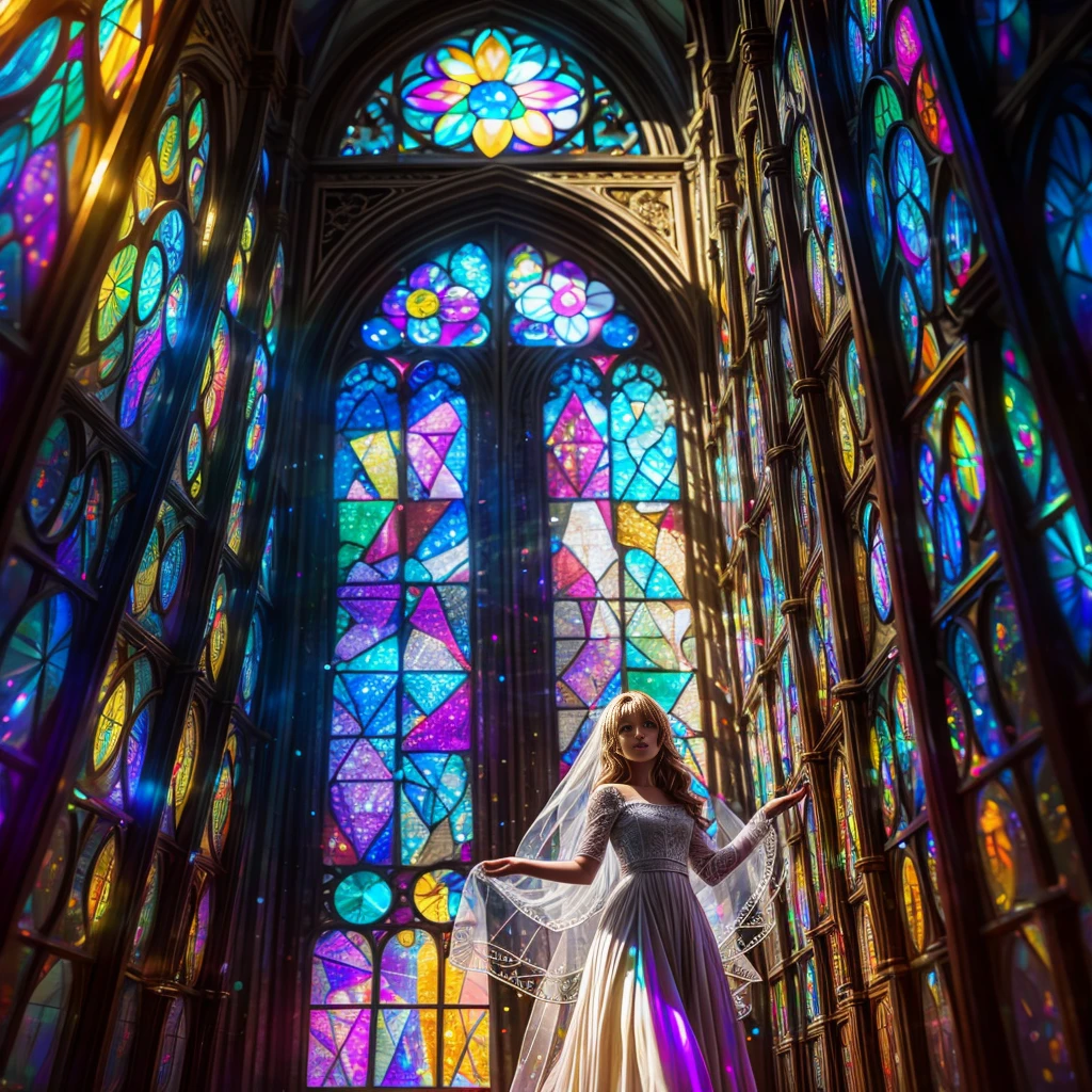 (Cathedral from below:1.28) (ZoomLayer) TopQuality 8K masterpiece of ((Professional photo)), (((Clarisse de Cagliostro))) (Detailed White WeddingDresses), Chain, (((Extremely detailed KAWAII face))) {((VeiledFace))|BlondeHair|(Elaborate BuleEyes)with(SparklingHighlights:1.28)}, The background is distant (((Elaborate stained glass))) Rainbow Glass, {(MysticSight)|EnchantingAtmosphere|Haze|(GodRays)|TyndallEffect}, Radiant PearlSkin with Transparency, (Exposed:0.39)
