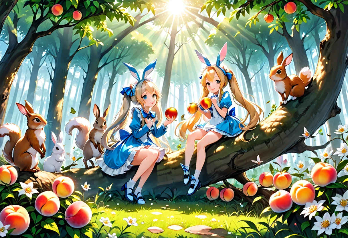 ((Highest quality)), ((masterpiece)), ((Ultra-detailed)), (Very delicate and beautiful), Light blue long hair、Beautiful girl with twin tails、Alice in Wonderland、Bunny ears、Bright smile、Bright Forest、Sunlight filtering through the trees、A lot of peaches on a peach tree、Flowers at your feet々are blooming in abundance、The forest friends are watching the girl、Cute squirrels and rabbits also appear、Eating peaches with my forest friends