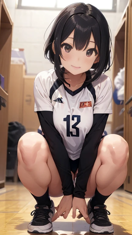 The pieces fly, Highest quality, figure, Very detailed, The finer details, High resolution, 8k,wallpaper, Perfect dynamic composition,(Detailed high quality, Realistic depiction of eyes:1.3), (short hair volleyball player, Volleyball Uniforms), Tight clothing, locker room, (Large Breasts), Black hair color, Big Natural Color Lip, Bold sexy pose, (Perfect figure), Putting on gal makeup, Sexy Face, Harajuku Style、20-year-old girl、Cute type、Lolita、Beautiful feet, Gravure idol pose, Voluptuous thighs, (squat, Leg spread)