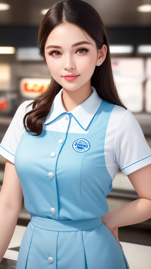 Beautiful young woman in a clean and fresh fast food uniform, Beautiful attention to detail, Beautiful lip detail, Highly detailed face, Long eyelashes, Friendly and polite expression, Make delicious soft serve ice cream, Popular fast food restaurants, Ice cream fine texture, The perfect uniform, High quality lighting, Realistic, 8k, Highest quality, masterpiece, Professional, Studio lighting simple background,