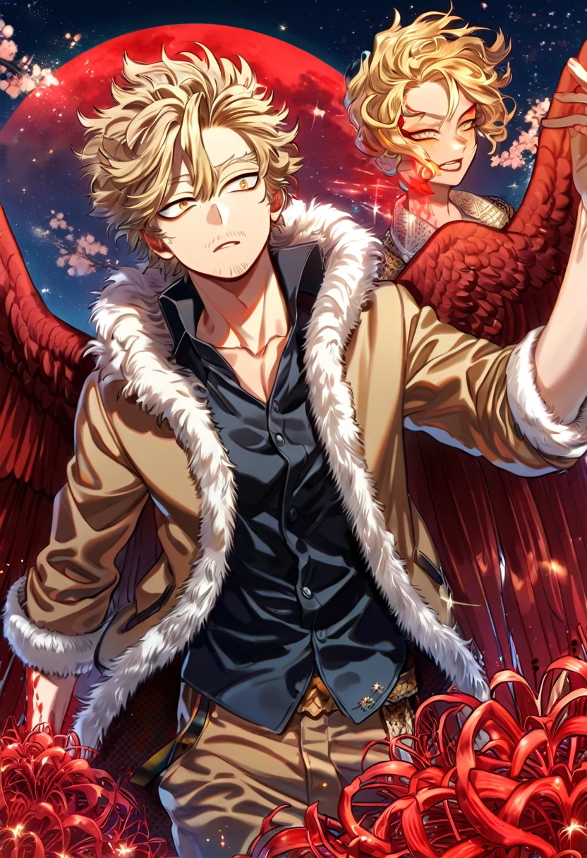 absurdres, highres, ultra detailed, HDR, master piece, best quality, extremely detailed, Hawks, ash-blonde hair, expressive golden brown eyes, faint stubble, Boku No Hero Academia, solo, sexy man, handsome, sensual, brown jacket with fur, black shirt with patterns, red wings, brown pants, fantasy, red blood water, sparkling, red glittering fireflies, red moon, red blossoms, red spider lilies, red sparkling lights, starry sky, magical