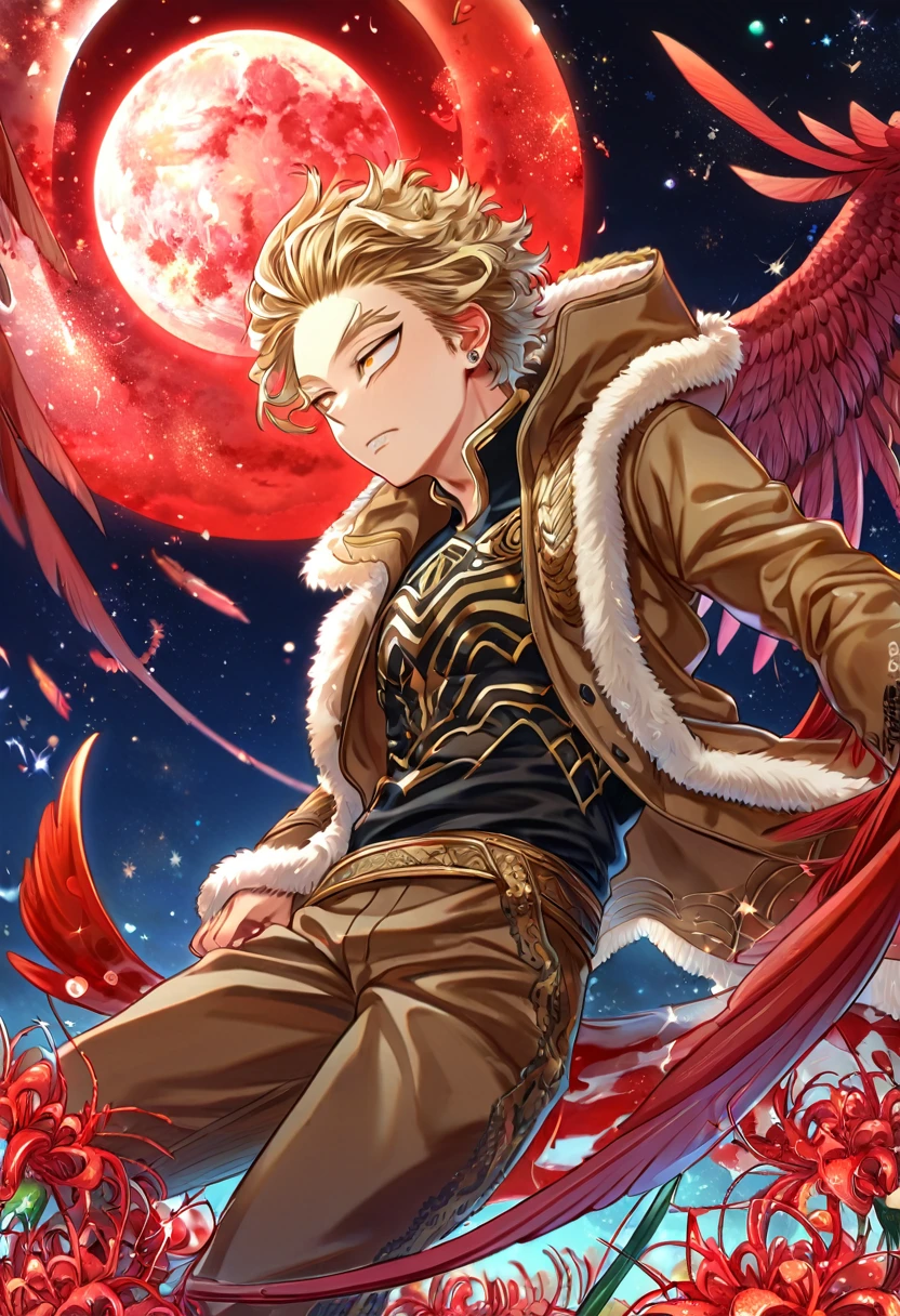 absurdres, highres, ultra detailed, HDR, master piece, best quality, extremely detailed, Hawks, ash-blonde hair, expressive golden brown eyes, faint stubble, Boku No Hero Academia, solo, sexy man, handsome, sensual, brown jacket with fur, black shirt with patterns, red wings, brown pants, fantasy, red blood water, sparkling, red glittering fireflies, red moon, red blossoms, red spider lilies, red sparkling lights, starry sky, magical